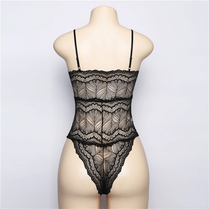 Sexy V Neck Lace Bodysuit Tops Perspective Hollow Out Romper Women Jumpsuit Black Combination Overalls Sleeveless Strap Playsuit