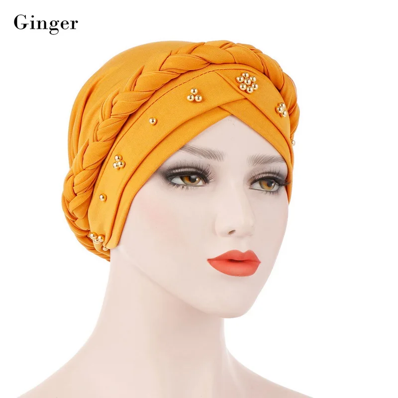 Ginger WENYUJH женский Эластичный Тюрбан шляпа мусульманский хиджаб исламский бисер Кепка chemo дамы хиджаб стрейч головной убор обернуть головной платок - Цвет: Ginger