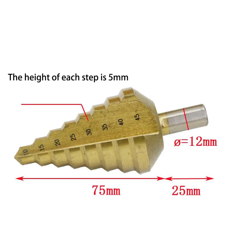 

10-45mm Large Size Tri-Flat Shank HSS Titanium Coated Cone Step Drill Bit Hole Cutter Taper Point Drill Bit