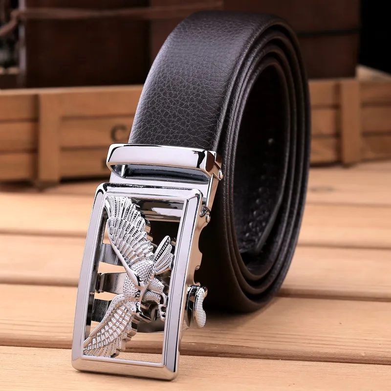 silver coffee Новинка, Орел, ремни для мужчин, мужские ремни, роскошная Автоматическая пряжка, микрофибра, кожа, черный, коричневый цвет, 160 см, 170, 180, 150, 140, большой размер - Цвет: silver coffee