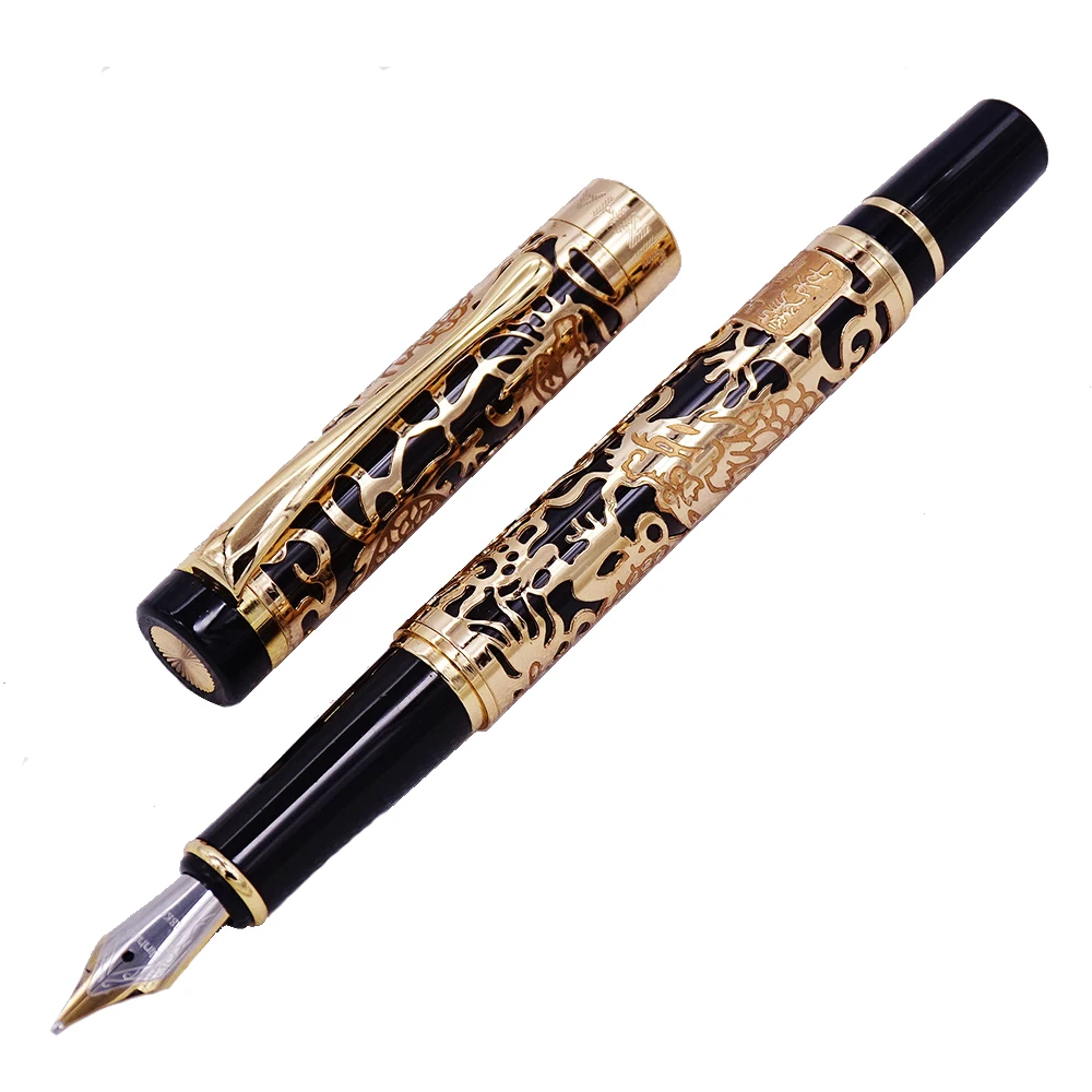 Jinhao 5000 винтажная Роскошная металлическая перьевая ручка с текстурой дракона, черная и Золотая чернильная ручка для офиса и бизнеса