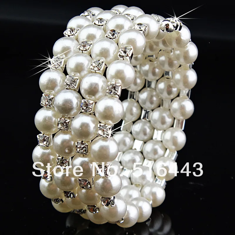 

Free Shipping 6pcs 5 rows Clear Czech Rhinestones Stretchy Women Pearl Bangles Bracelets Wholesale Jewelry Lots A-688