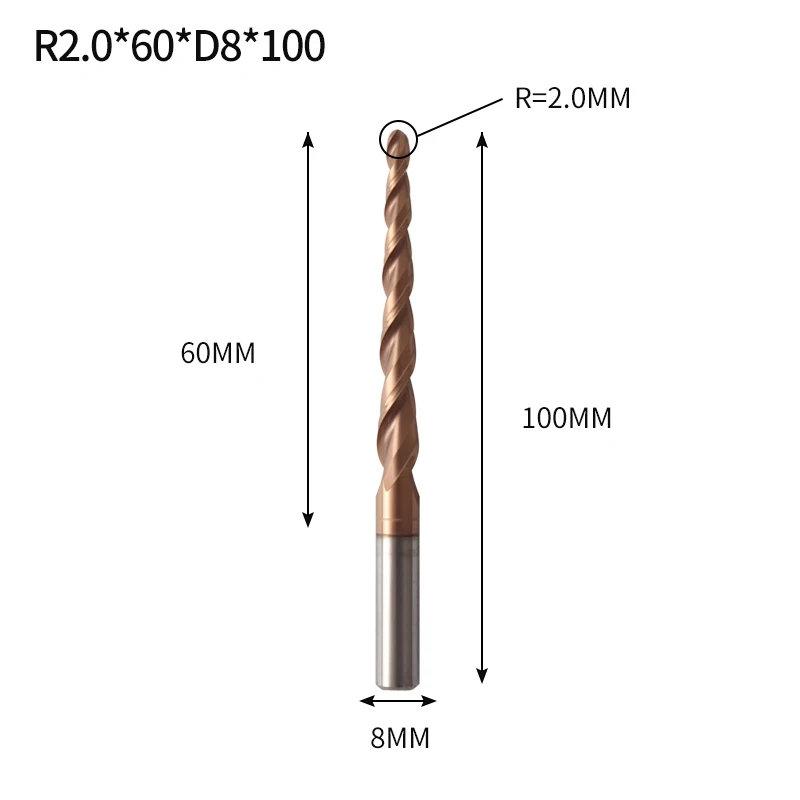 R2X60XD8X100L Augusttools конические сферические Концевые Фрезы HRC60 из карбида вольфрама с ЧПУ фрезерный станок для дерева, металла, фрезерования 3,175 мм 4 мм 6 мм 8 мм - Длина режущей кромки: R2X60XD8X100L