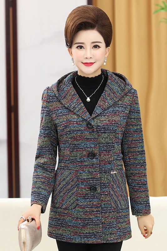 

the spring and autumn new middle-aged women's large size hooded Korean women's long middle-aged loose coat jacket Slim Fit
