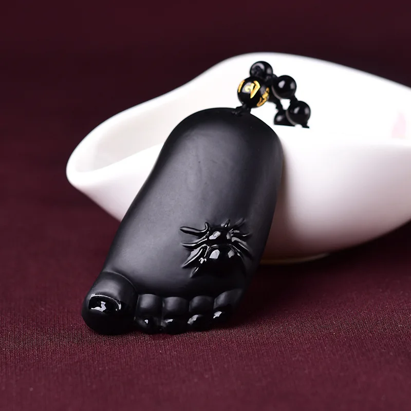 AAA натуральный черный обсидиан камень Резные Будда ног паук повезло кулон