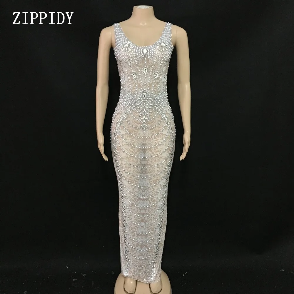 Длинное Сетчатое платье с блестящими жемчужинами и кристаллами, женское прозрачное кружевное платье для празднования дня рождения, костюм для сцены, танцевальный наряд YOUDU Длинное Сетчатое платье с блестящими жемчужинами и кристаллами, женское прозрачное кружевное платье для празднования дня рождения, костюм для сцены, танцевальный наряд YOUDU