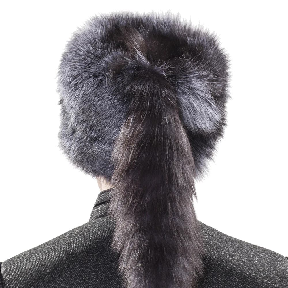YECHNE Russian Mongolian Natural Silver Fox Fur Skullies Hat With Whole Fox Tail Winter Soft Beanies Hats