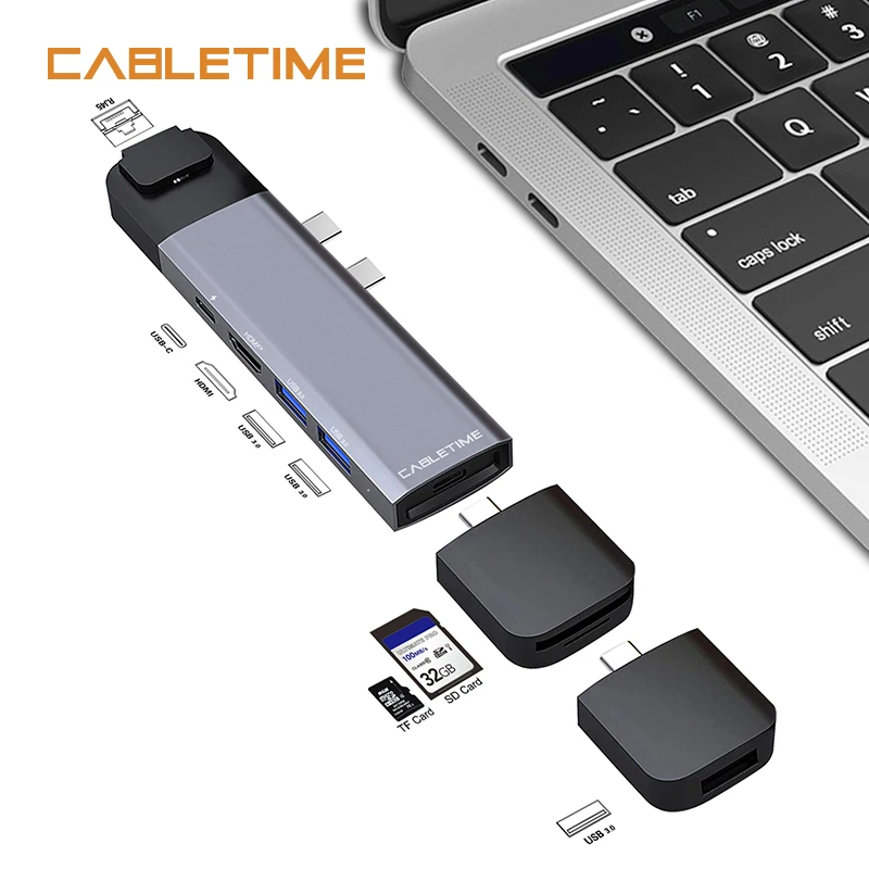Cabletime Dual Type C HUB USB 4K HDMI Lan Thunderbolt 3 SD USB3.0 + зарядное устройство PD 9 в 1 адаптер для MacBook Pro