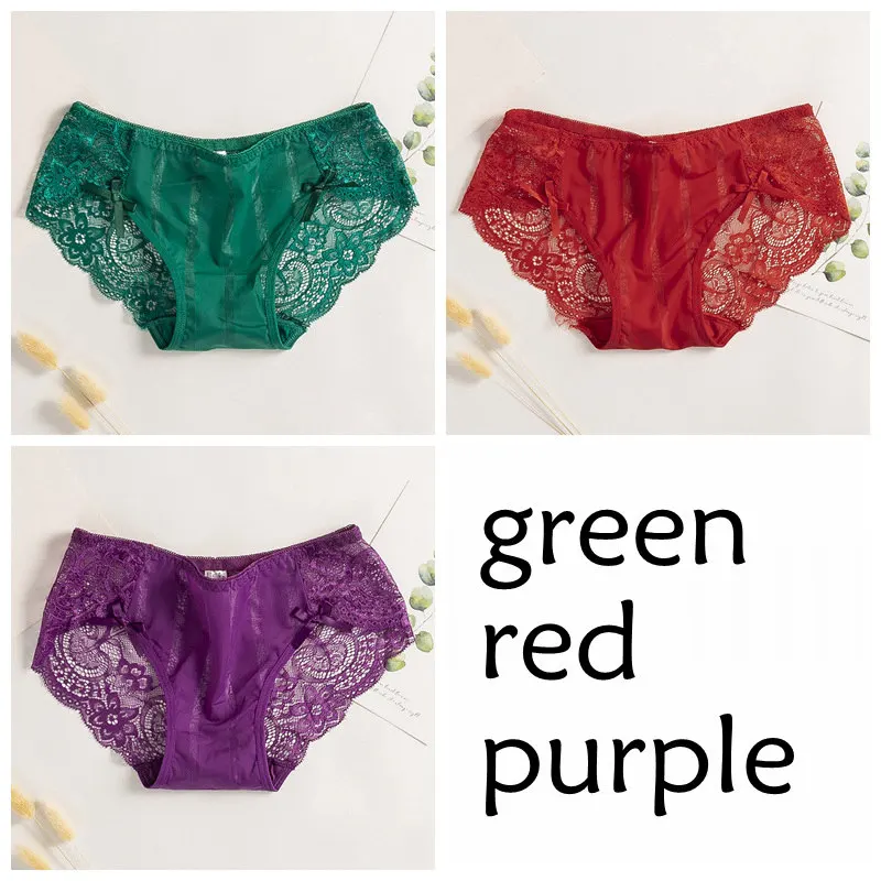 green red purple SP& CITY, 3 шт., однотонный кружевной сексуальный комплект нижнего белья с вышивкой, женские бесшовные трусики с бантом, прозрачные трусы, женское нижнее белье, стринги - Цвет: green red purple