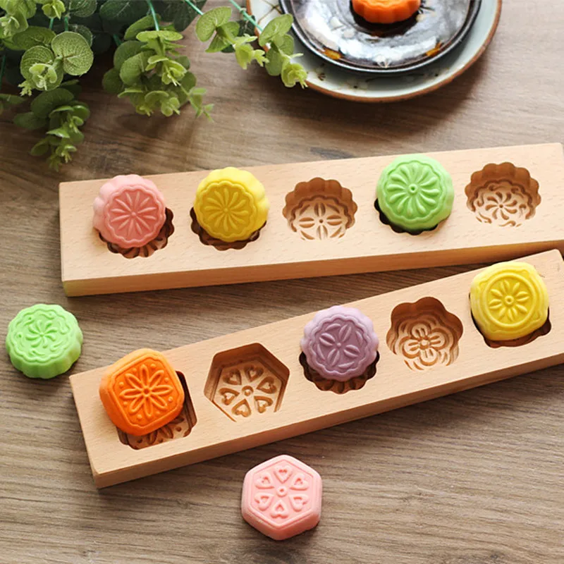 XUNZHE Kitchen Baking Mold 5 Flower Patter Wood Molds Moon Cakes Model Rice Cookies Muffins Make Pastry Helper | Дом и сад