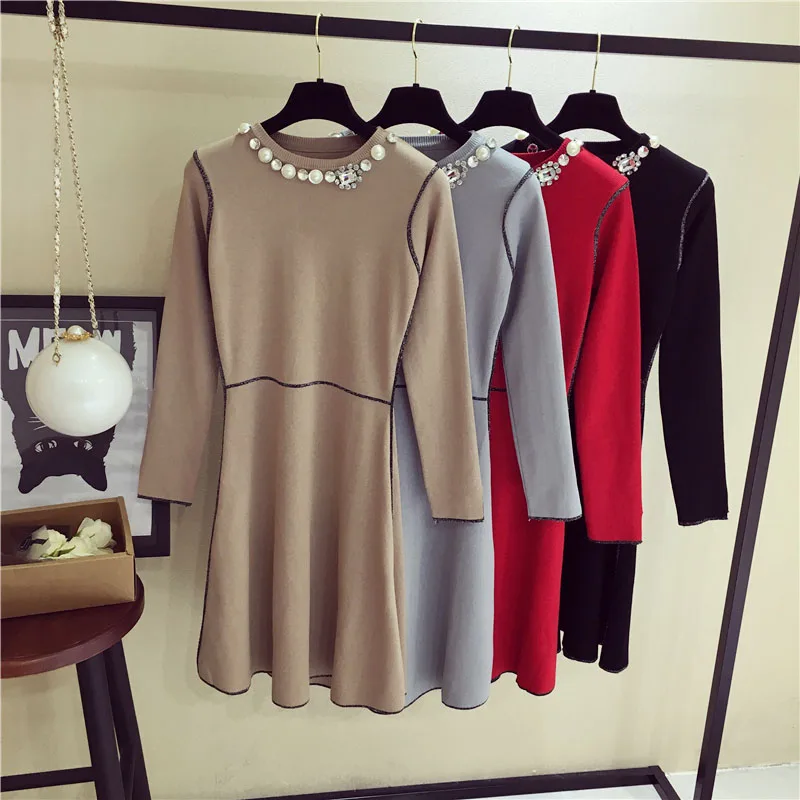 Женское трикотажное платье с длинным рукавом со стразами|dress for|dress for womenknitted dress |