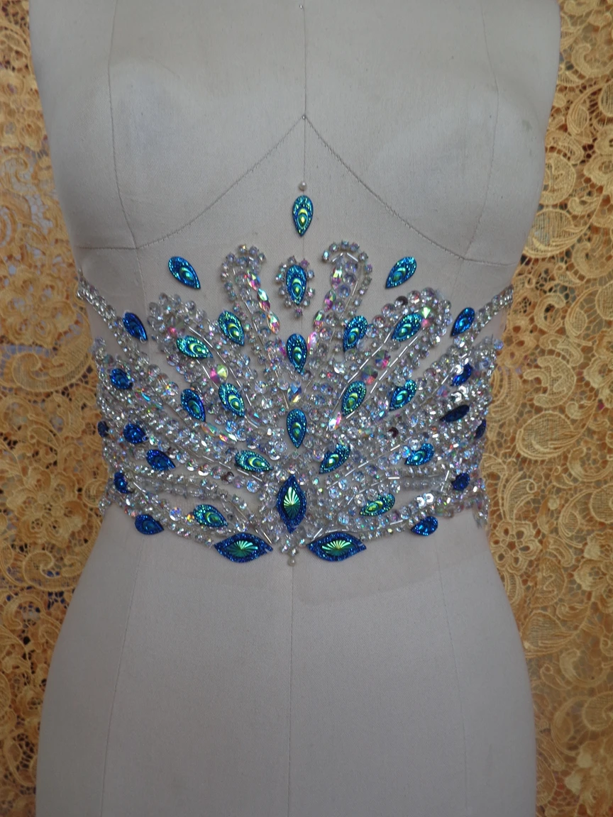 

Pure hand made clear AB colour/Peacock blue sew on Rhinestones applique crystals patches 32*17cm dress accessory