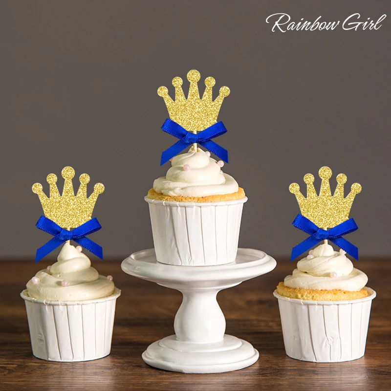 

1st Birthday Prince Party Decorations Gold/Silver & Blue Bow Crown Cupcake Toppers Picks,Boys Baby Shower Party Cake Accessory
