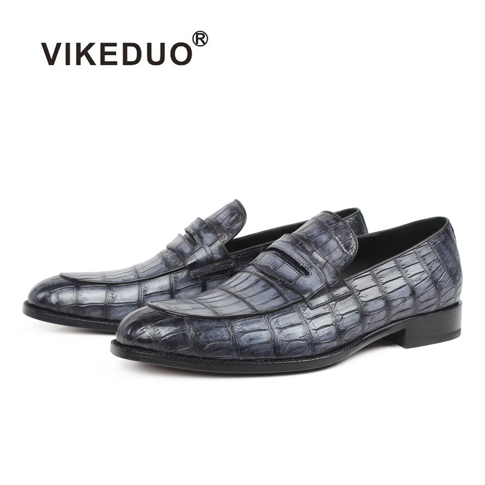 Мужские лоферы в клетку Vikeduo серые повседневные винтажные из крокодиловой кожи