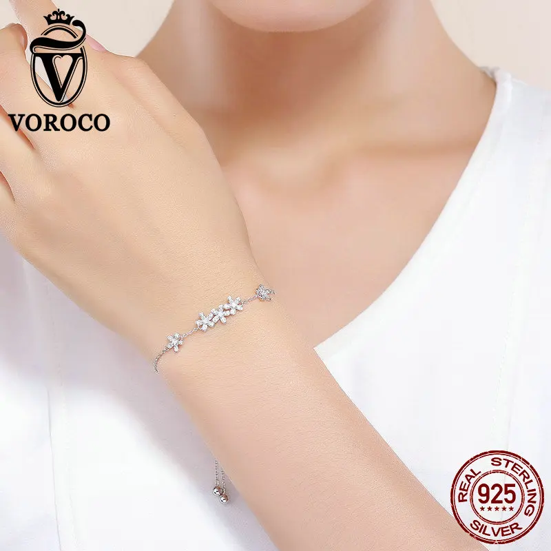 VOROCO Аутентичные 100% 925 пробы Серебряный Маргаритка Цветочные блестящие браслеты 3A