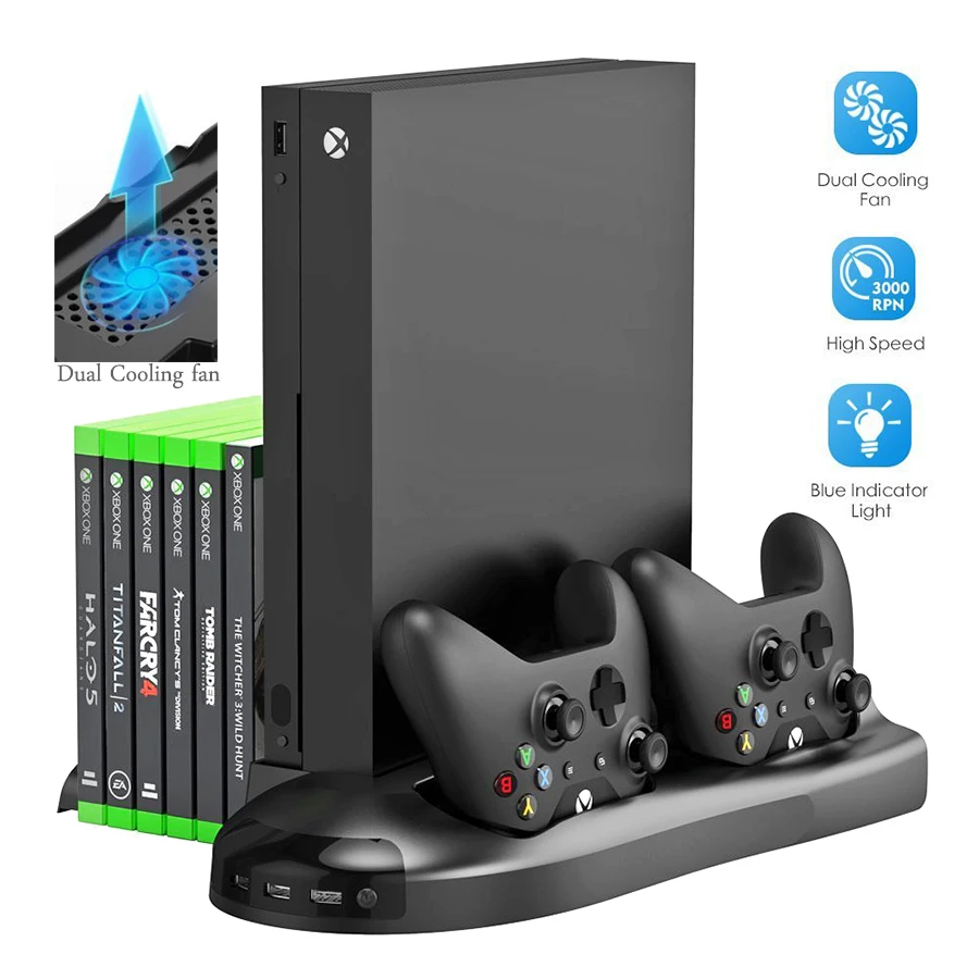 Вертикальная подставка 5 в 1 для Xbox One X охлаждающий вентилятор с зарядным