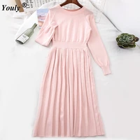 2021 elegant autumn winter sweater knitted jersey dress solid women thick dress bishop sleeve a line robe slim knit party dress