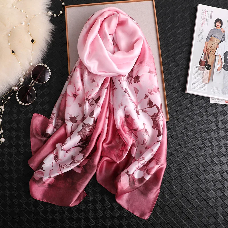 

New hot sale 2020 Chinese Feng peach blossom Print Silk Scarf Female Summer Sunscreen Shawl Wind Scarf Beach Scarf