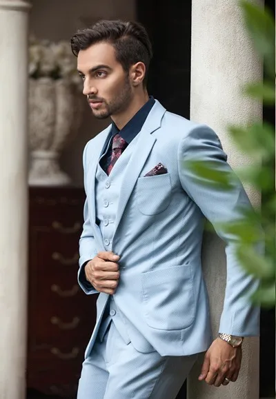 

2017 Latest Coat Pant Designs Light Blue Men Suit Jacket Casual Slim Fit Skinny 3 Piece Tuxedo Custom Groom Blazer Masculino