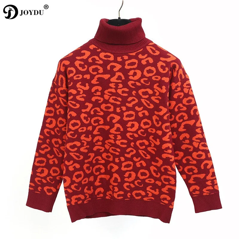 JOYDU pull femme hiver 2018 Runway Winter Chic Turtleneck Sweater Women Leopard Pattern Red Warm Knit Pullover Cool Jumper | Женская