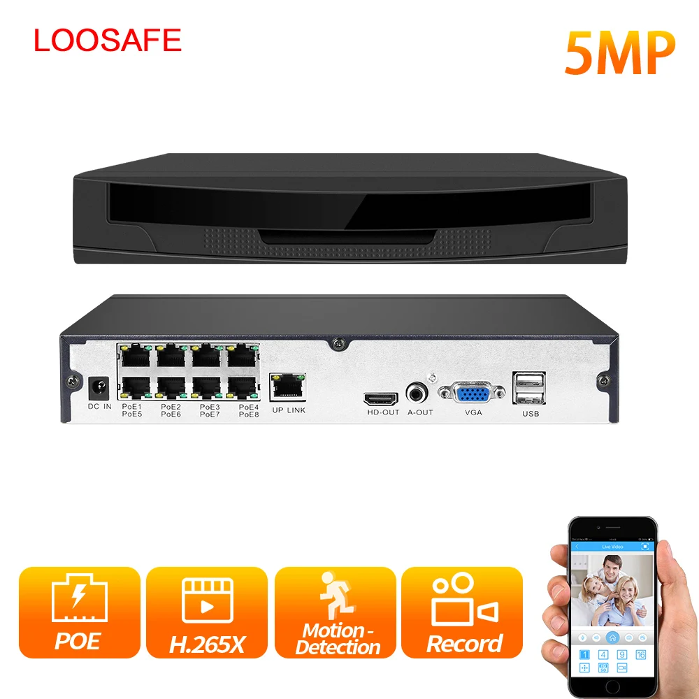 LOOSAFE HDMI Full HD 8CH 5MP POE NVR сетевой видеорегистратор для ip камеры с питанием по PoE P2P XMeye