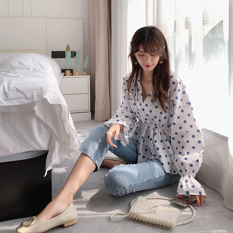 Mishow Женская элегантная повседневная блузка в горошек с V образным вырезом и