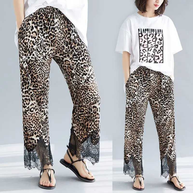 2019 Summer Fashion Streetwear Lace Patchwork Leopard Pants Women Casual | Женская одежда