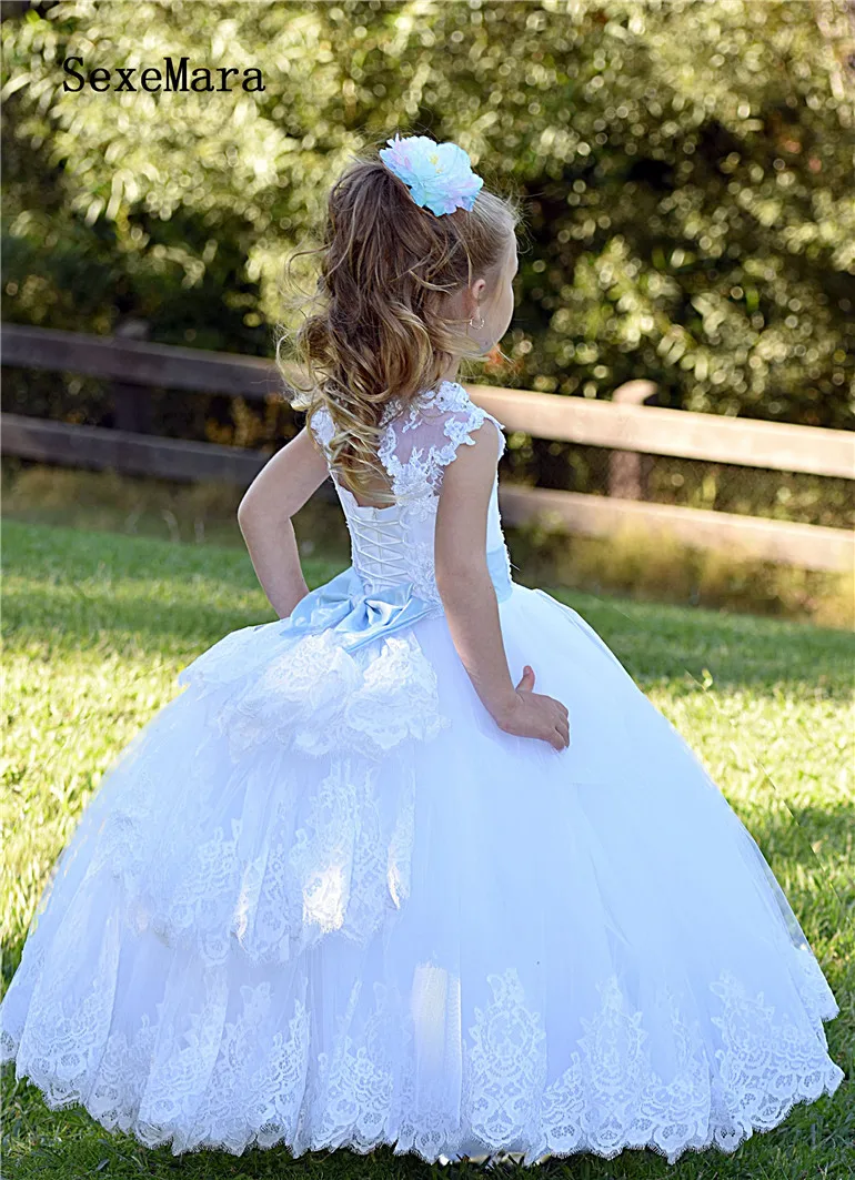 White Lace Applique Flower Girl Dress for Wedding Little Princess Christmas Ball Gown First Communion | Детская одежда и обувь