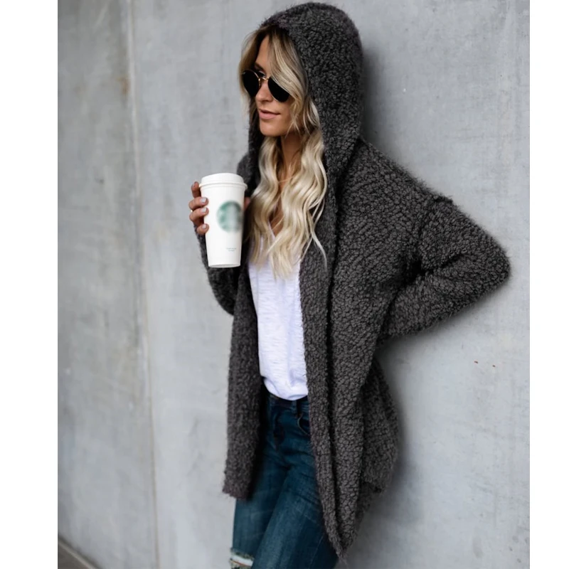Jessie Vinson Female Casual Long Sleeve Solid Hooded Sweater Cardigan Autumn Winter Loose Coat Outwear Women |