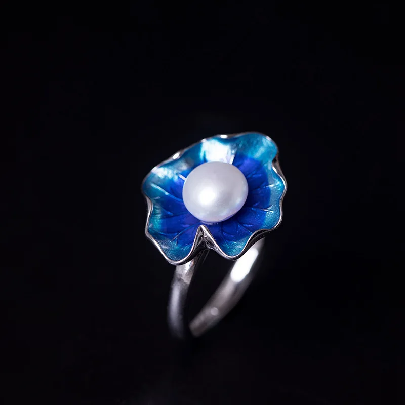 

Ethnic Fine Pearl Jewelry Ring Real 100% 925 Sterling Silver For Women Elegance Lotus Leaf Adjustable Ring 2018 Hot