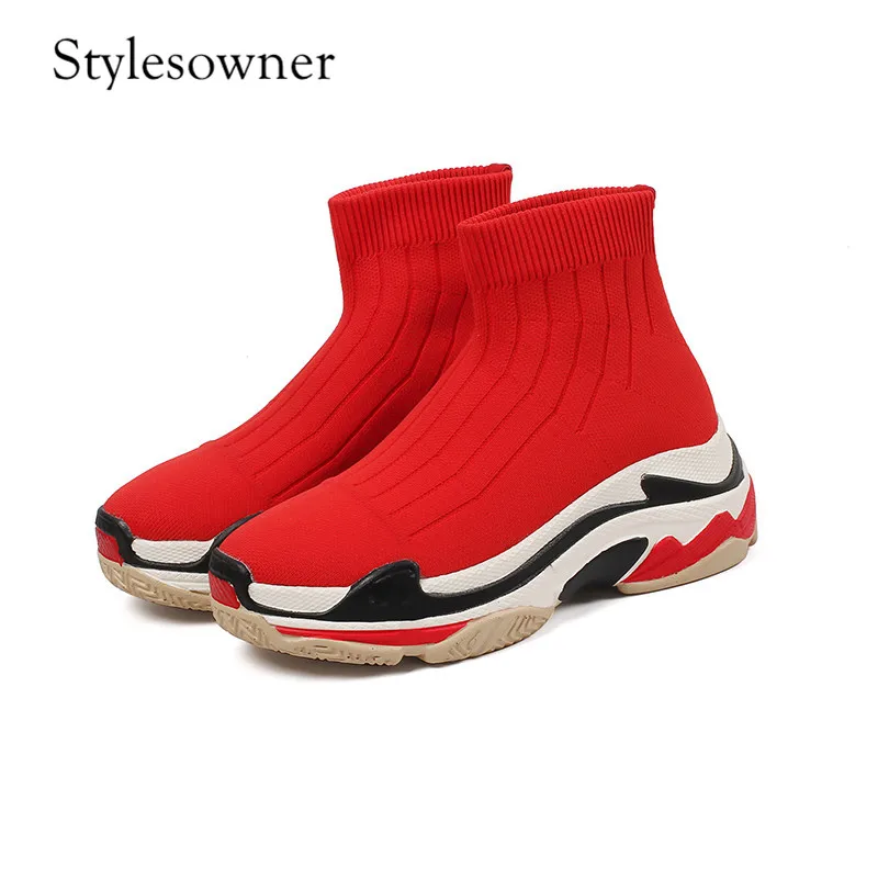 Stylesowner 2018 Популярные Звезды Стиль Вязание кроссовки на плоской подошве толстая