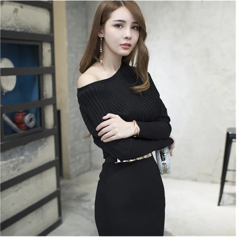 New Autumn Winter Women Sweater Dress Bodycon Slim Dress Ladies Elastic Thicken Pencil Knit Dress