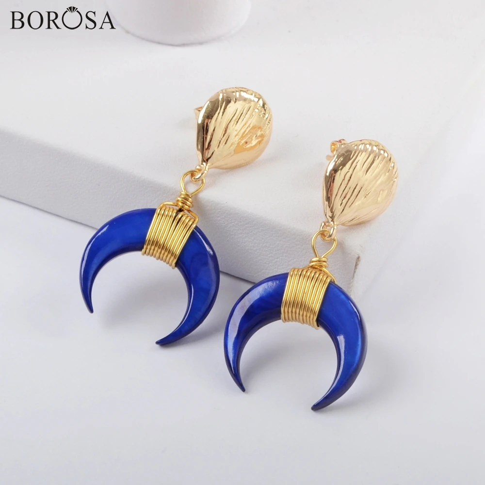 

BOROSA 5/10Pairs Gold Plating Wire Wrap Rainbow Shell Drop Earrings Natural Shell Horn Dangle Earrings Women Jewelry Gifts G1827