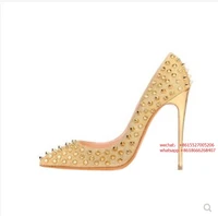 gold rivets pointed toe high heels fashion pu leather stiletto high heels pumps yellow wedding bridal slip on rivets shoes