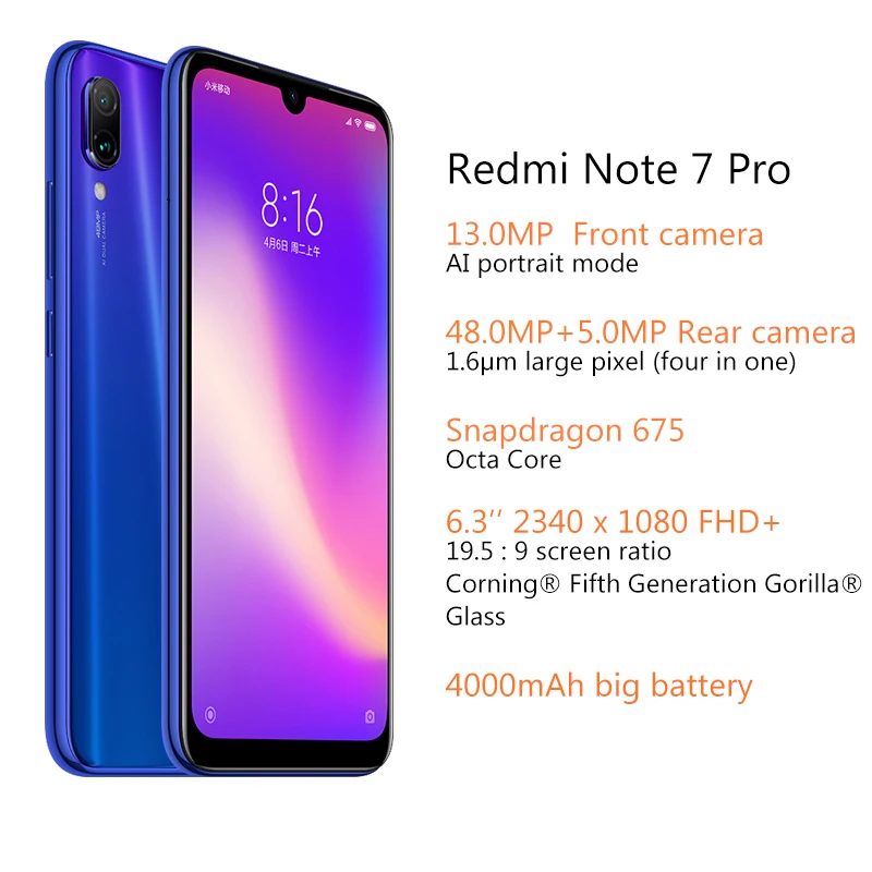 Xiaomi Redmi Note 7 Pro смартфон с восьмиядерным процессором Snapdragon 675 ОЗУ 6 ГБ ПЗУ 128 4000 мАч