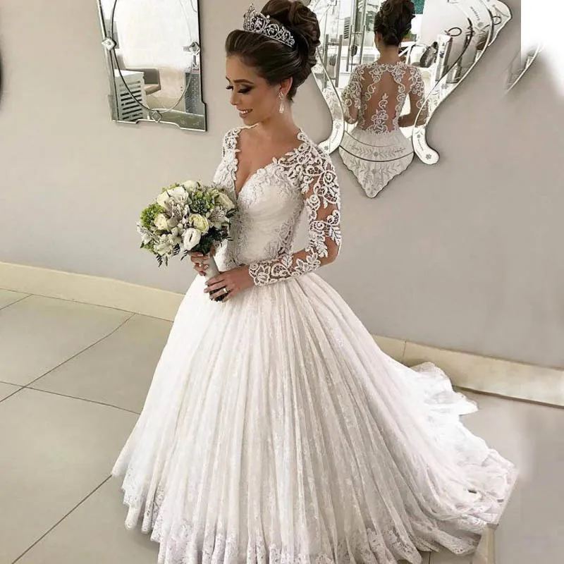 Lover Kiss Vestido De Noiva Romantic V Neck Lace Wedding Dress With Long Sleeves Bridal Gowns Illusion Back robe mariee  Свадьбы