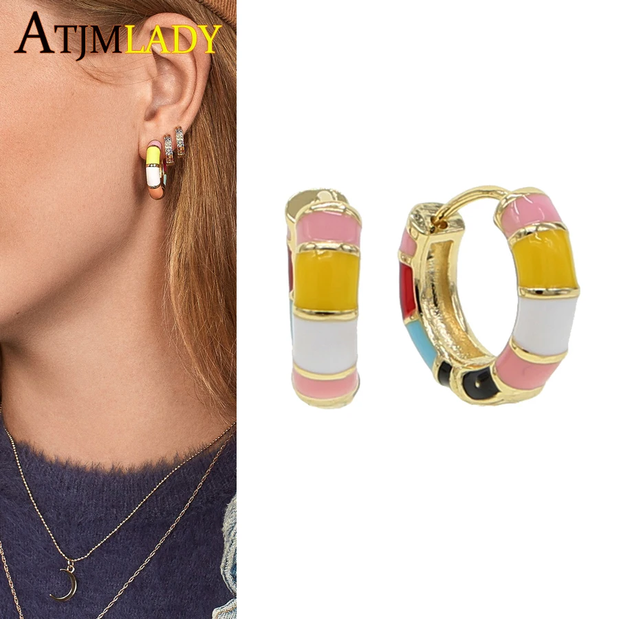 Женские серьги-кольца huggie розовые красные желтые серьги с разноцветной эмалью
