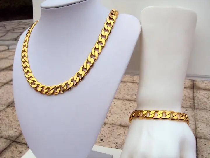 

24k Stamped Solid Gold Finish Iced Hip Hop Chain Bracelet Mens Miami Cuban Necklace 12mm wide Set