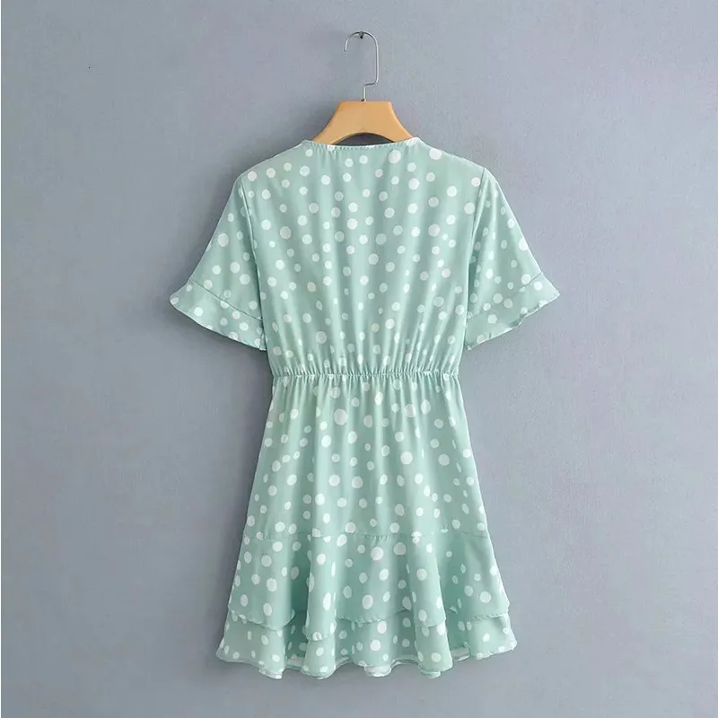 Женское Повседневное платье в горошек голубое мини с коротким рукавом и оборками