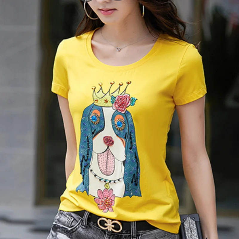 2019 женские ручной стразы из бисера с коротким рукавом футболки Женский Алмаз Топ