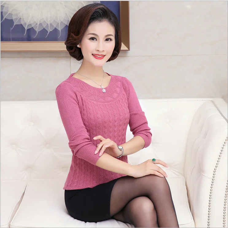 2018 Autumn New Middle-Aged Women Solid Color Pullover Sweater O- Neck Long Sleeve Slim Elasticity Mother Kniting Top T241 | Женская