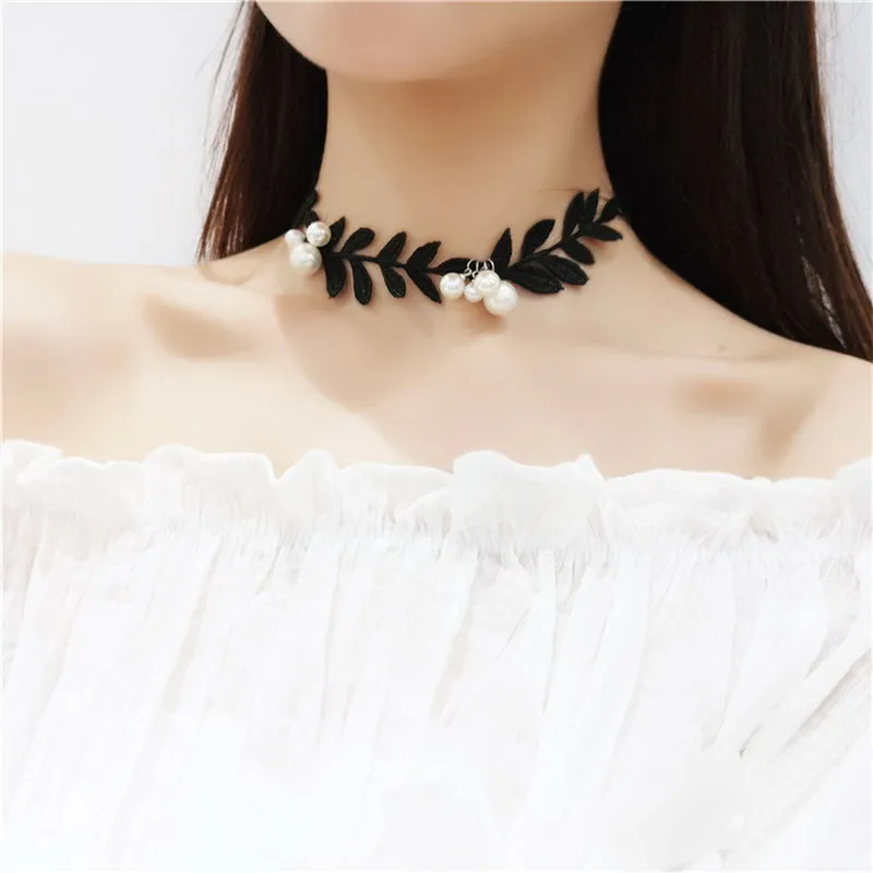 White And Black Lace Leaves Pearl Necklace Collar Summer Lock Fashion Jewelry Charm Kolye Jewellery Statement | Украшения и