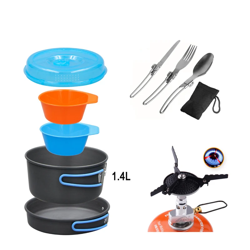 APG set APG Outdoor Pots Pans Set Mini Gas Stove Camping Cookware Hiking Tableware With Foldable Spoon Fork Knife - Цвет: APG set