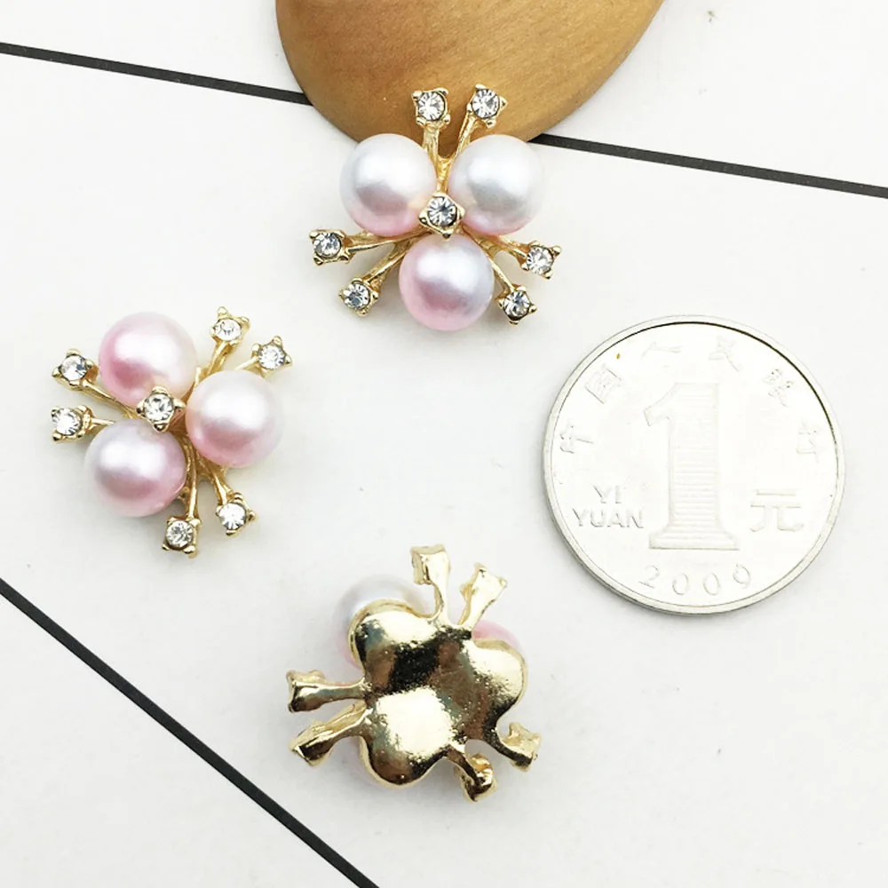 

10pcs/lot 20mm*20mm Alloy Pearl Rhinestone Buttons for Craft Wedding Invitation Card DIY Girl Hair Bowknot Metal Snap Buttons