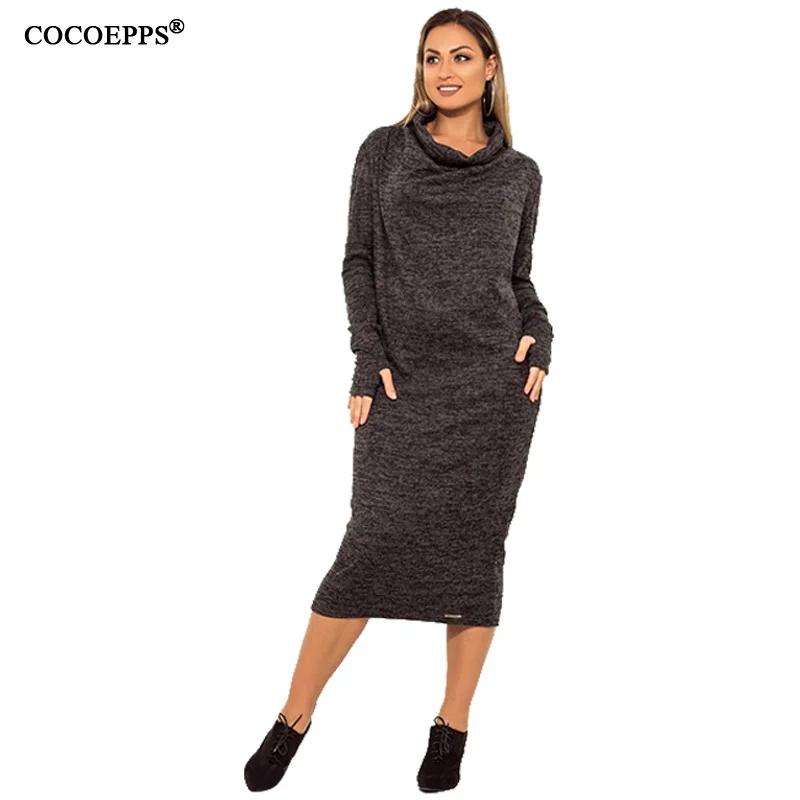 COCOEPPS 5XL 6XL плюс размер платье с длинным рукавом Осень Зима Высокая шея женское