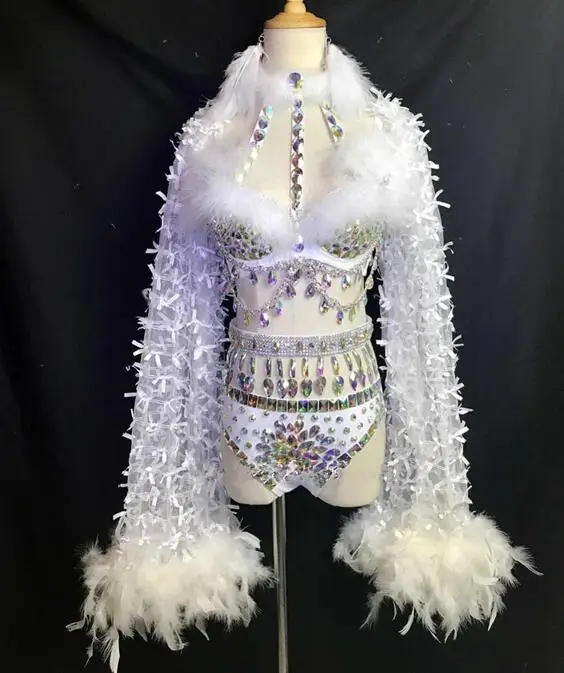 Not Trailing Fashion Design White Feathers Long Trailing AB Rhinestones Bikini Set Stage Female Singer Performance Costume Nightclub Clothing - Цвет: Not Trailing