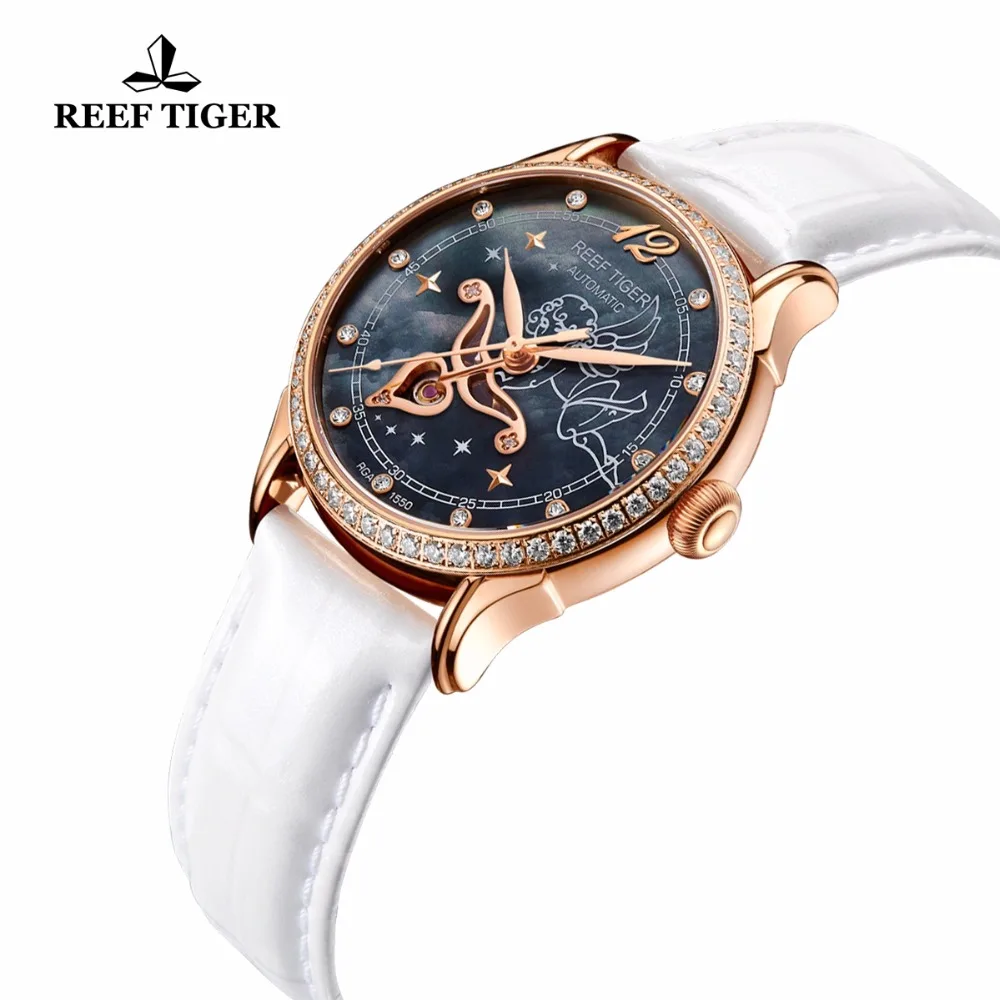 Женские автоматические часы Reef Tiger механические из телячьей кожи с бриллиантами