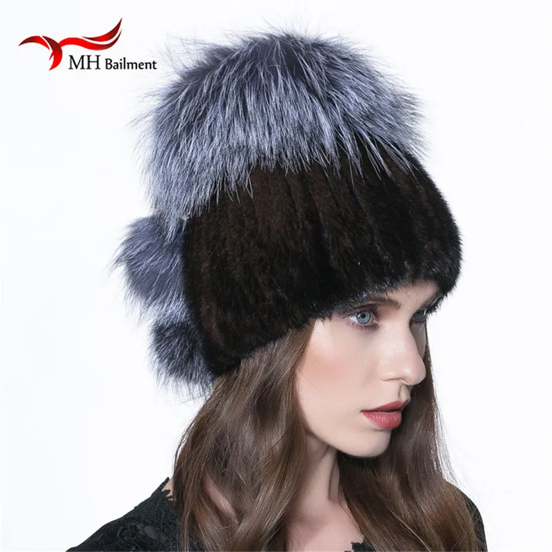 Для женщин норки меховая шапка зимняя реального вязаная Silver Fox меховой шарик