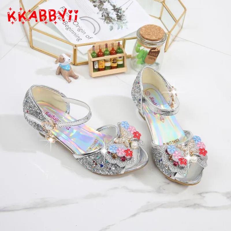 Princess Girls Shoes Sandals Rhinestone Butterfly Children Bowtie Hight Heels Slip on Party Dance | Детская одежда и обувь
