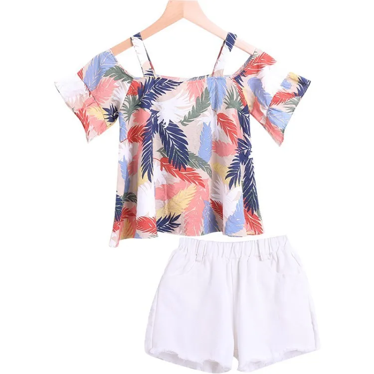 Feather Print Off shoulder Tops White Shorts Summer Girls Sets 6 8 10 12 years 2019 New Big Clothes | Детская одежда и обувь